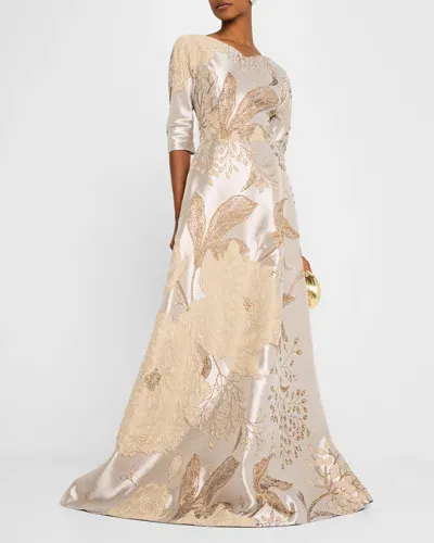 Rickie Freeman For Teri Jon A-line Metallic Jacquard Gown In Champagne Multi