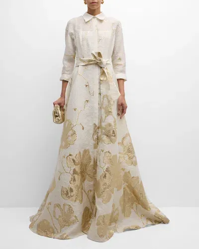 Rickie Freeman For Teri Jon A-line Metallic Jacquard Shirt Gown In Ivorygold