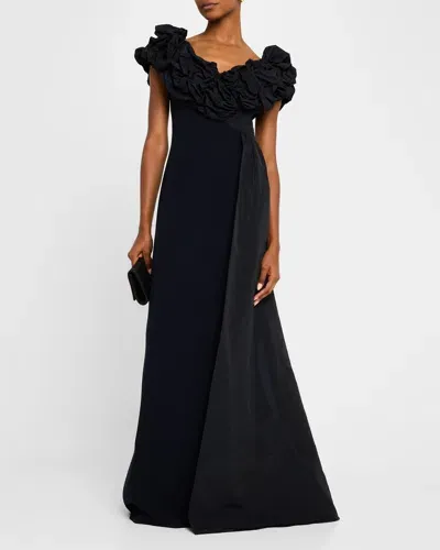 Rickie Freeman For Teri Jon A-line Ruffle Taffeta And Crepe Gown In Navy