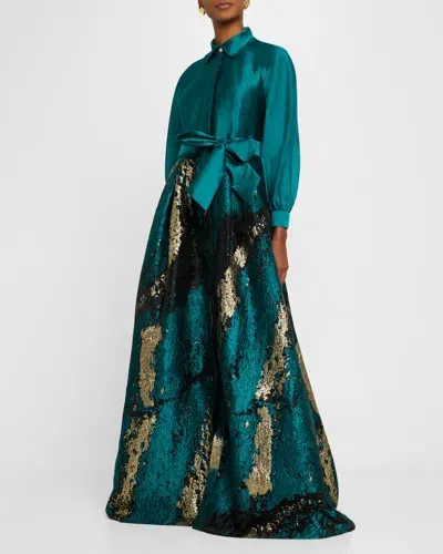 Rickie Freeman For Teri Jon A-line Taffeta & Metallic Jacquard Shirt Gown In Emerald Multi