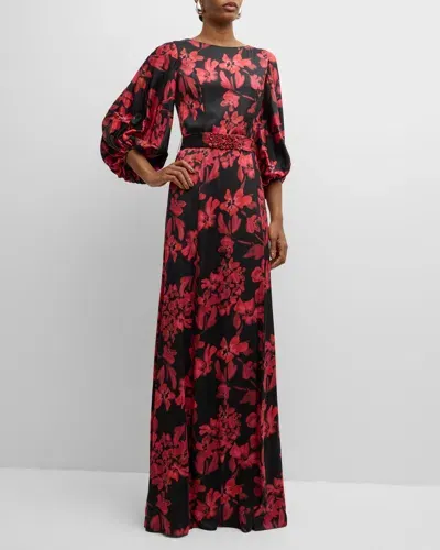 Rickie Freeman For Teri Jon Belted Floral-print Twill Gown In Black Red