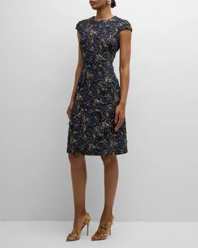 Rickie Freeman For Teri Jon Cap-sleeve A-line Floral Jacquard Midi Dress In Navy/gold