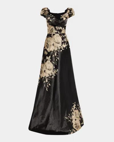 Rickie Freeman For Teri Jon Cap-sleeve Floral Metallic Jacquard Gown In Char Gold