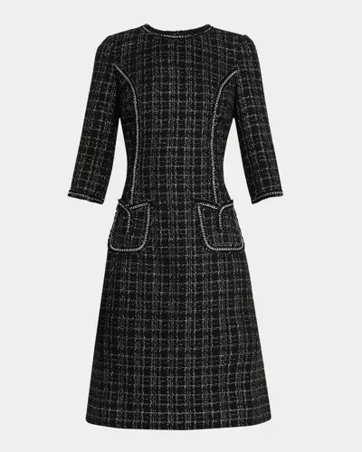 Rickie Freeman For Teri Jon Chain-trim Metallic Plaid Boucle Dress In Black Silv