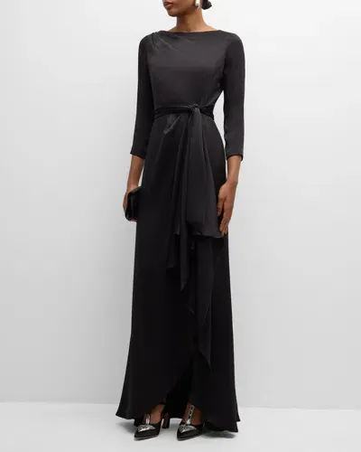 Rickie Freeman For Teri Jon Draped Crepe Back Satin Gown In Black