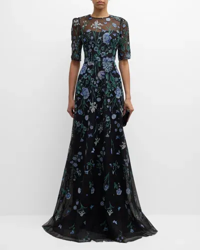 Rickie Freeman For Teri Jon Embroidered A-line Tulle Gown In Black Mult