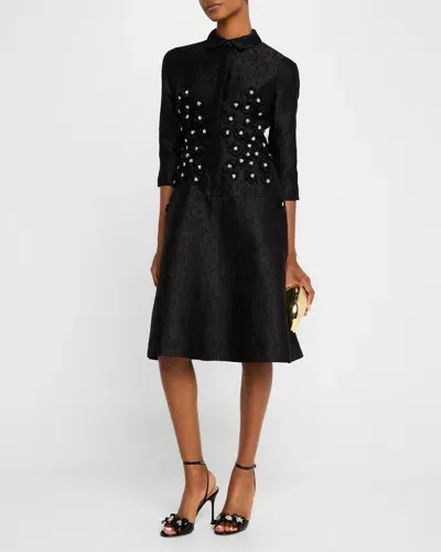 Rickie Freeman For Teri Jon Floral Applique Jacquard Shirtdress In Black