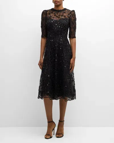 Rickie Freeman For Teri Jon Floral Bead & Sequin Tulle Midi Dress In Black