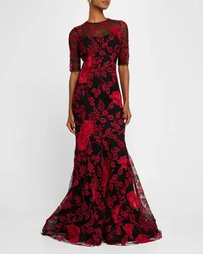 Rickie Freeman For Teri Jon Floral-embroidered Lace Trumpet Gown In Black Red