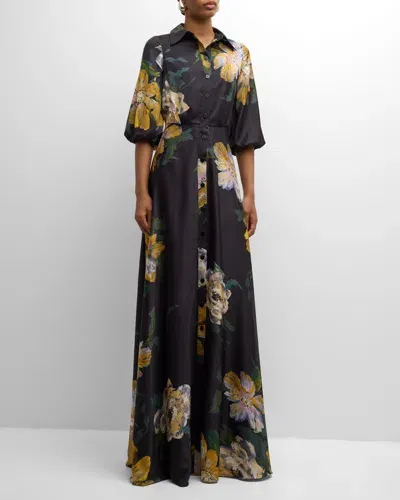 Rickie Freeman For Teri Jon Floral-print Chiffon Shirt Gown In Black Mult