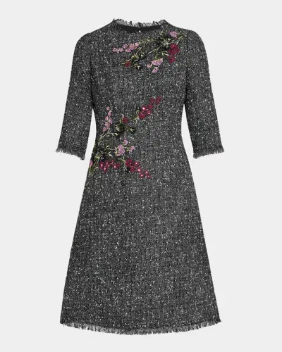 Rickie Freeman For Teri Jon Fringe-trim Floral Applique Tweed Dress In Black White