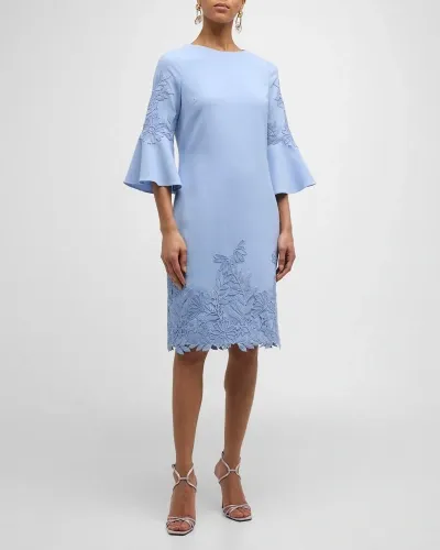 Rickie Freeman For Teri Jon Lace-trim Bell-sleeve Crepe Midi Dress In Periwinkle