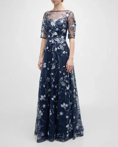 Rickie Freeman For Teri Jon Metallic Embroidered Tulle Gown In Black Mult