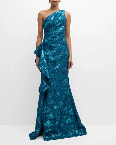 Rickie Freeman For Teri Jon Metallic Jacquard One-shoulder Side-ruffle Gown In Teal