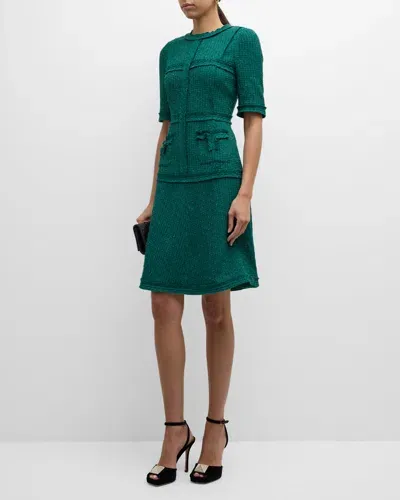 Rickie Freeman For Teri Jon Metallic Tweed Short Sleeve Dress In Emerald