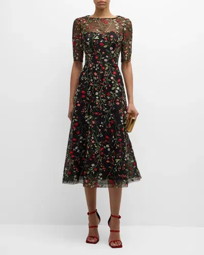 Rickie Freeman For Teri Jon Off-shoulder Embroidered Tulle Gown In Black Mult