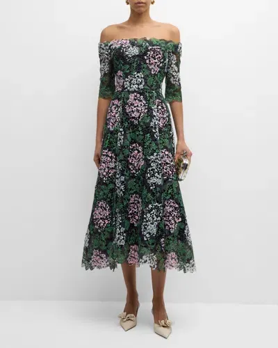 Rickie Freeman For Teri Jon Off-shoulder Floral Lace Midi Dress In Black Mult