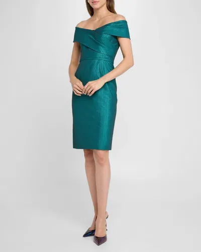 Rickie Freeman For Teri Jon Off-shoulder Metallic Jacquard Dress In Emerald