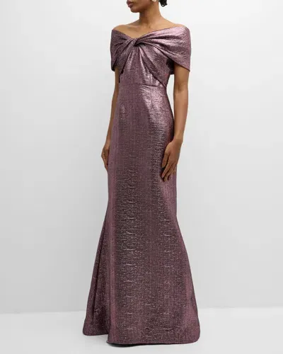 Rickie Freeman For Teri Jon Off-shoulder Metallic Jacquard Mermaid Gown In Amethyst