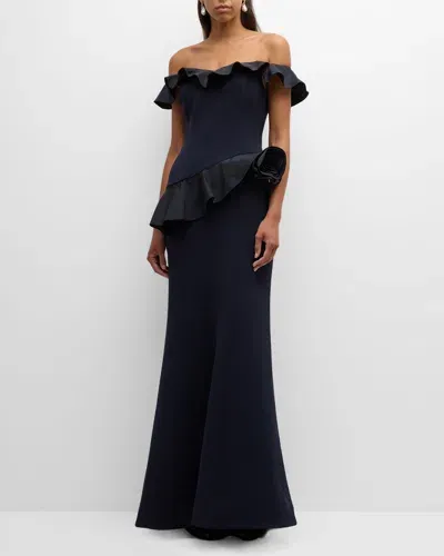 Rickie Freeman For Teri Jon Off-shoulder Ruffle Trumpet Gown In Navy