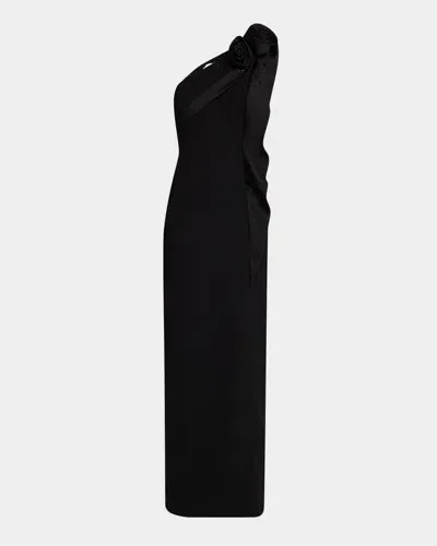 Rickie Freeman For Teri Jon One-shoulder Beaded Column Gown In Black