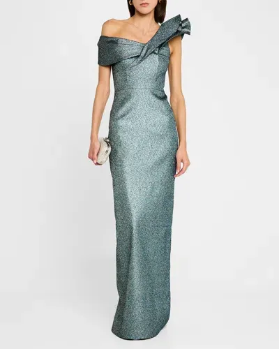 Rickie Freeman For Teri Jon One-shoulder Metallic Jacquard Column Gown In Teal Multi