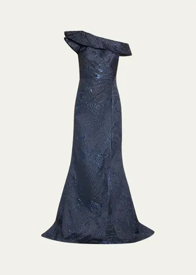 Rickie Freeman For Teri Jon One-shoulder Metallic Jacquard Trumpet Gown In Navy Saph