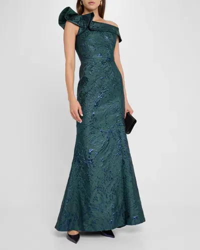 Rickie Freeman For Teri Jon One-shoulder Ruffle Jacquard Gown In Green Navy