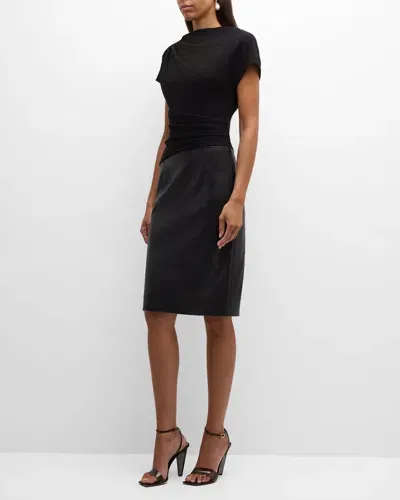 Rickie Freeman For Teri Jon Pleated Crepe And Vegan Leather Dress In Black