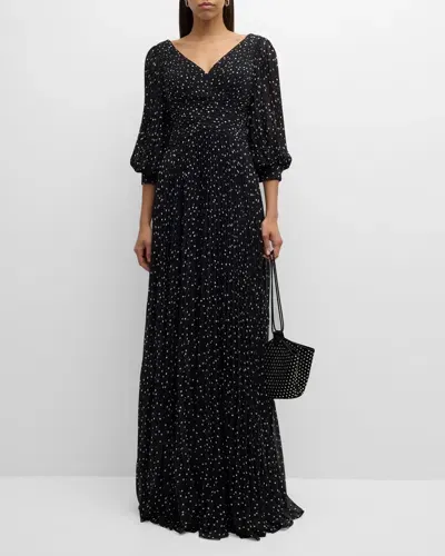 Rickie Freeman For Teri Jon Pleated Polka Dot Chiffon Gown In Black Whit