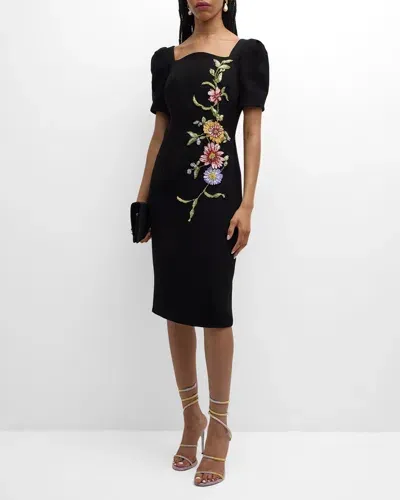 Rickie Freeman For Teri Jon Puff-sleeve Floral Applique Dress In Black Mult