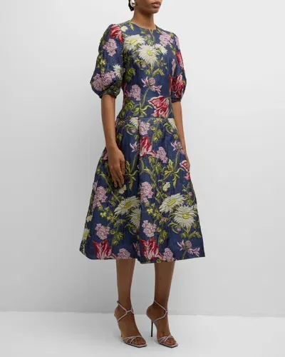 Rickie Freeman For Teri Jon Puff-sleeve Floral Jacquard Midi Dress In Blue Multi