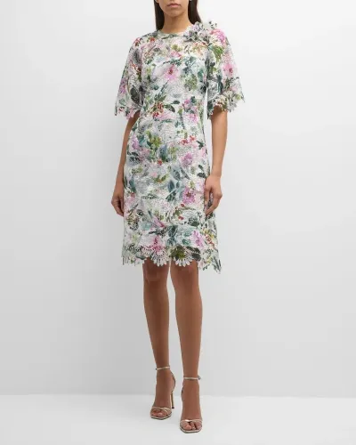 Rickie Freeman For Teri Jon Scalloped Floral-print Lace Midi Dress In White Mul