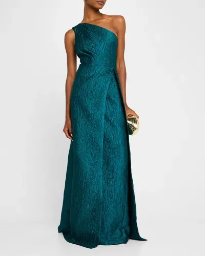 Rickie Freeman For Teri Jon Sleeveless One-shoulder Jacquard Gown In Teal