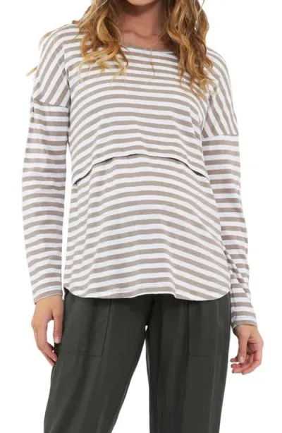 Ripe Maternity Lionel Long Sleeve Maternity/nursing T-shirt In Taupe/white