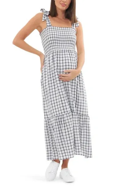 Ripe Maternity Smocked Maternity Dress In White / Navy