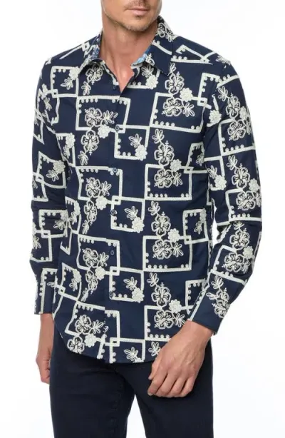 Robert Graham Oleander Classic Fit Embroidered Cotton Button-up Shirt In Navy