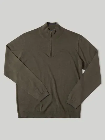 Robert Talbott Eastwood Quarter Zip Sweater In Olive Green With Navy Tipping