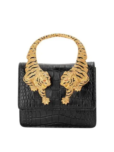 Roberto Cavalli Tiger-handle Tote Leather Bag In Black