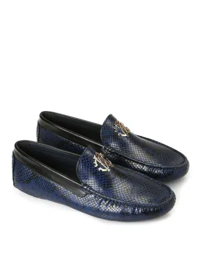 Roberto Cavalli Python Leather Loafers In Azul Oscuro