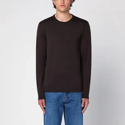 Roberto Collina Ebony Merino Wool Crew-neck Sweater In Brown