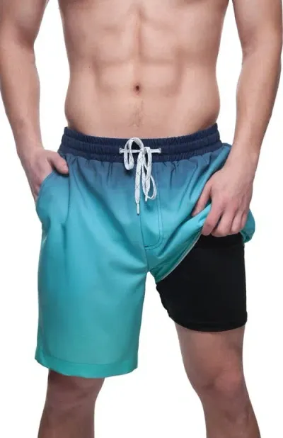 Rokka&rolla Compression Liner Stretch Swim Trunks Upf 50+ In Sea Blue Gradient