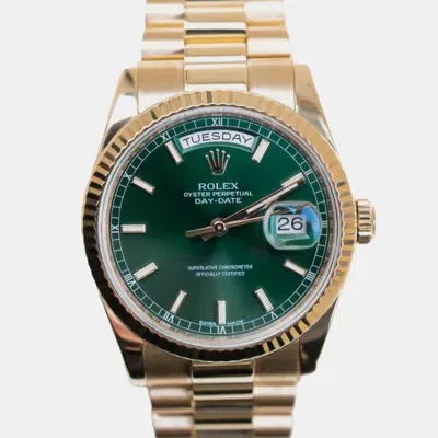 Pre-owned Rolex 18k Yellow Gold Green Day-date 118238 Automatic Watch 36 Mm