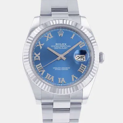 Pre-owned Rolex Blue 18k White Gold Stainless Steel Datejust Automatic Men's Wristwatch 41 Mm