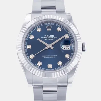 Pre-owned Rolex Blue 18k White Gold Stainless Steel Diamond Datejust Automatic Men's Wristwatch 41 Mm