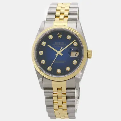 Pre-owned Rolex Blue Diamond 18k Yellow Gold Stainless Steel Datejust 16233 Automatic Men's Wristwatch 36 Mm