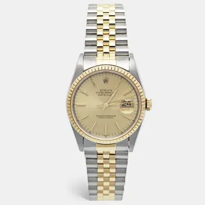 Pre-owned Rolex Champagne 18k Yellow Gold Stainless Steel Datejust 16233 Men's Wristwatch 36 Mm