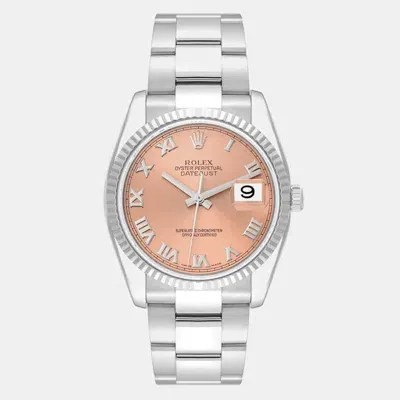 Pre-owned Rolex Datejust Steel White Gold Salmon Roman Dial Men's Watch 36 Mm In Pink