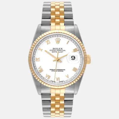 Pre-owned Rolex Datejust White Roman Dial Steel Yellow Gold Mens Watch 16233