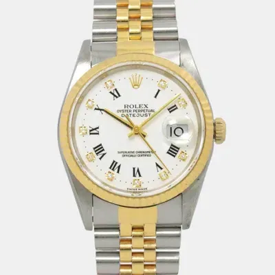 Pre-owned Rolex White Diamond 18k Yellow Gold Stainless Steel Datejust 16233 Automatic Men's Wristwatch 36 Mm